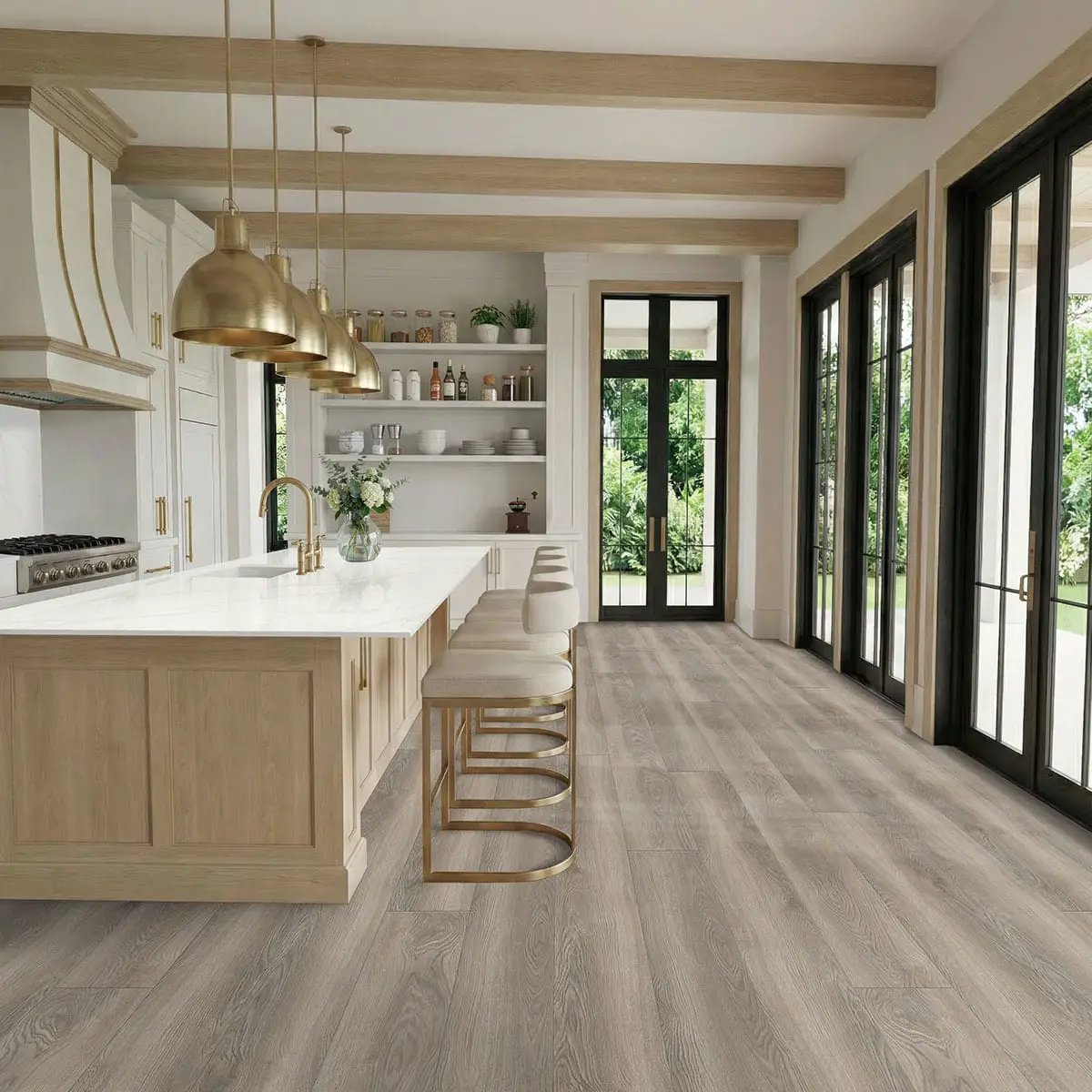 Shorecliffs Wixom Valley Semi Gloss T Molding Wood Look Rigid Core Moldings 1.77x0.28 in a finished room