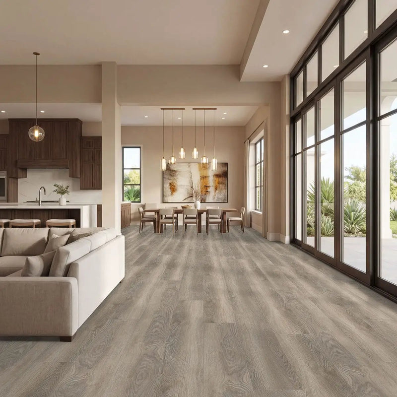 Shorecliffs Wixom Valley Semi Gloss End Cap Wood Look Rigid Core Moldings 1.5x0.25 in a finished room