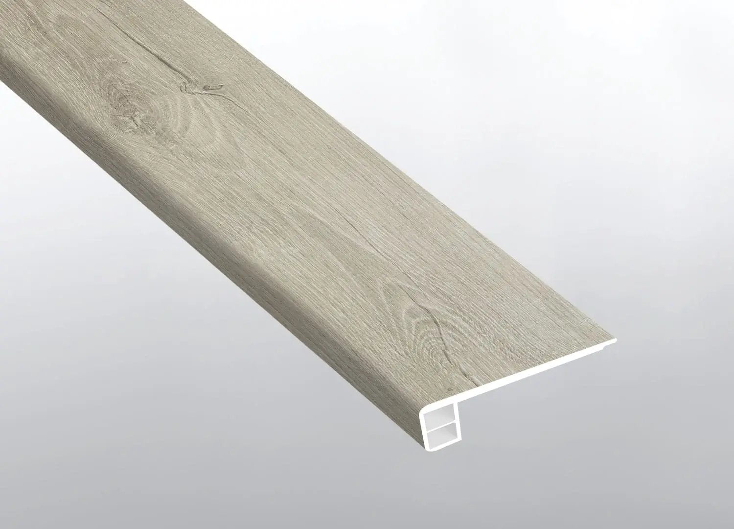 Ashton York Gray Semi Gloss Flush Stair Nose End Cap Wood Look Lvt Moldings 2.75x0.75 close up