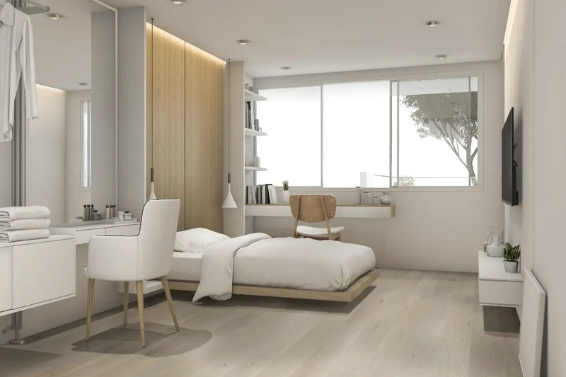 Woodhills Aaron Blonde Oak Wood Matte Look Planks 6.5x48 in a finished room