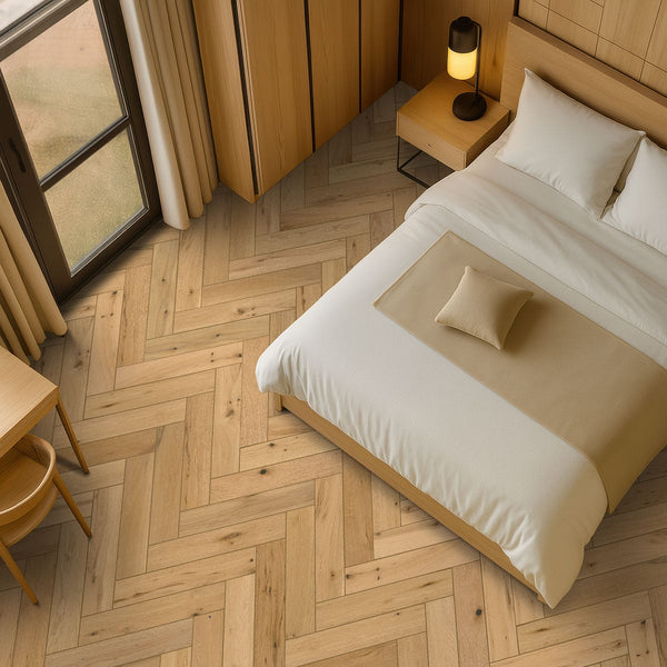 Mccarran Herringbone Bramlett Matte Wood Look Planks 5x24 in a finished room