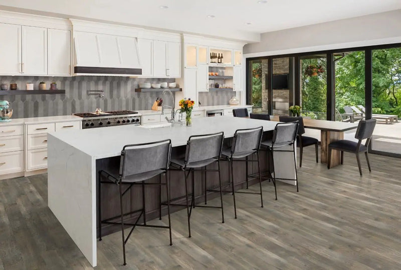 Woodhills Brook Timber Hickory Wood Matte Look Planks 6.5x48 in a finished room