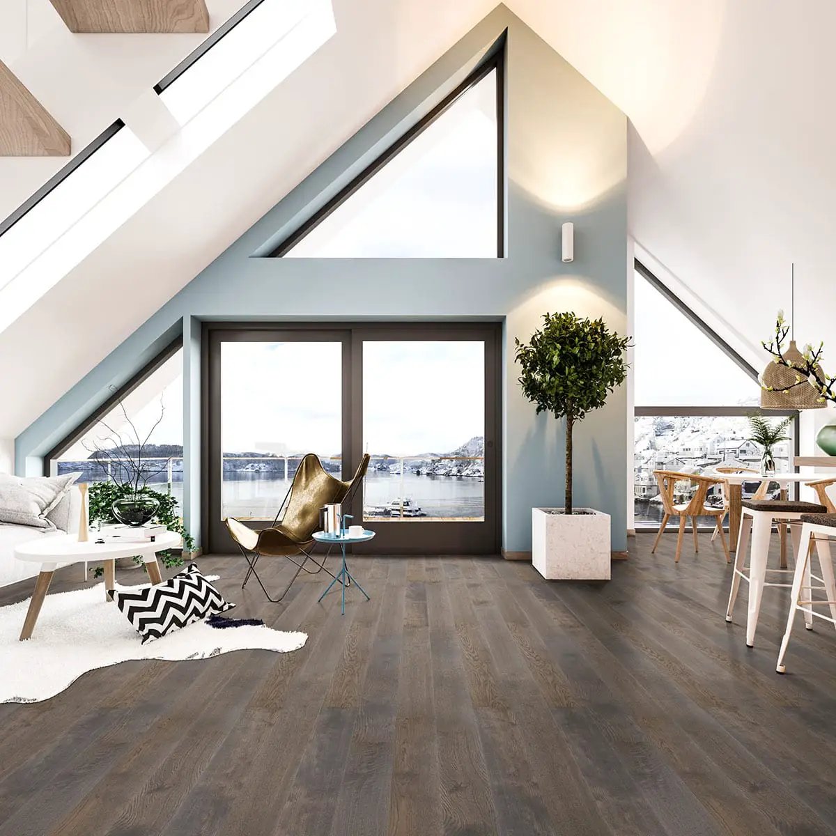 Woodhills Estate Oak Wood Semi Gloss Stair Riser Look Moldings 1.77x0.345 in a finished room