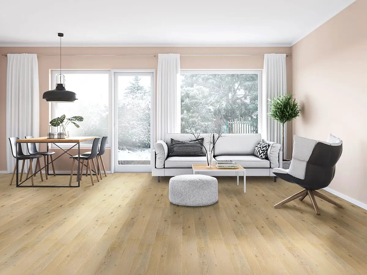 Woodhills Kings Buff Wood Semi Gloss Overlap Stair Nose Look Moldings 2.23x1.03 in a finished room