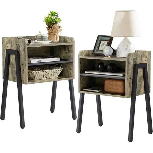 Set of 2 Modern Industrial Grey Wood Black Metal Side Table Nightstand End Table by HomePacific