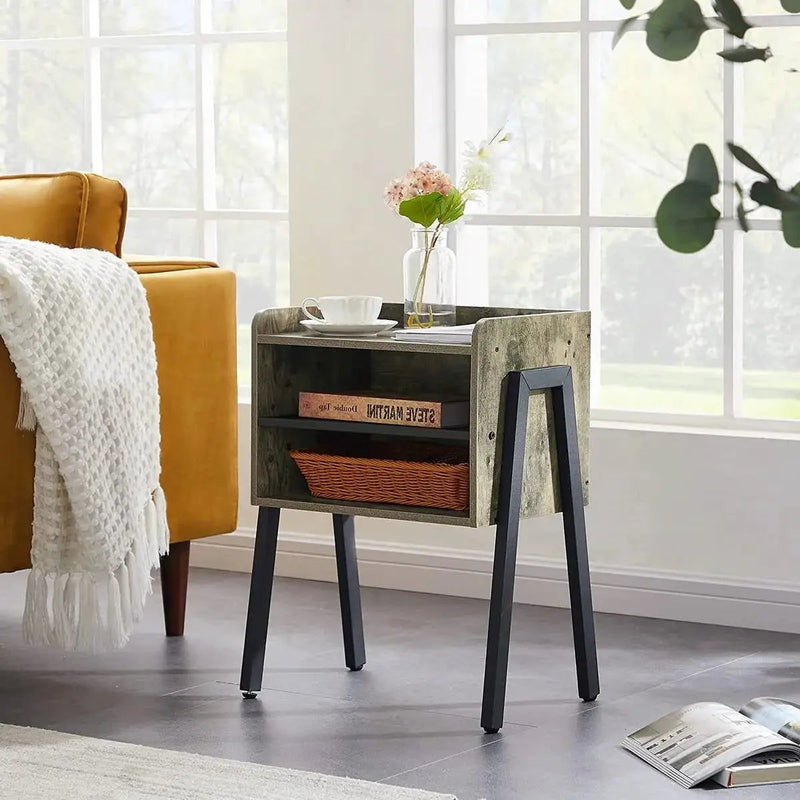 Set of 2 Modern Industrial Grey Wood Black Metal Side Table Nightstand End Table by HomePacific