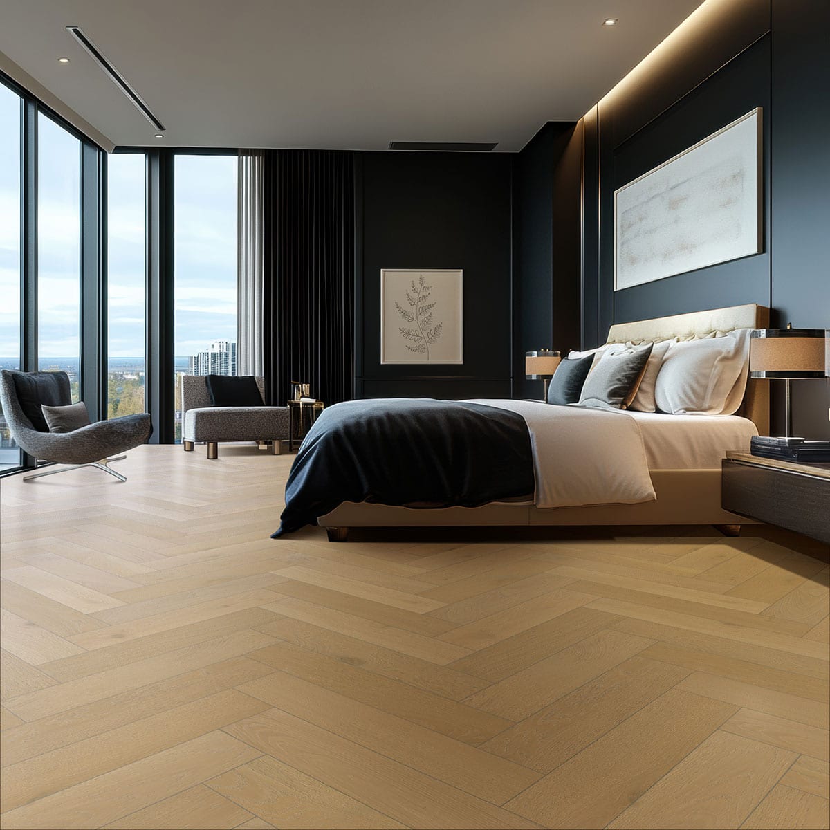 Mccarran Herringbone Whitlock Matte Wood Look Planks 5x24 in a finished room