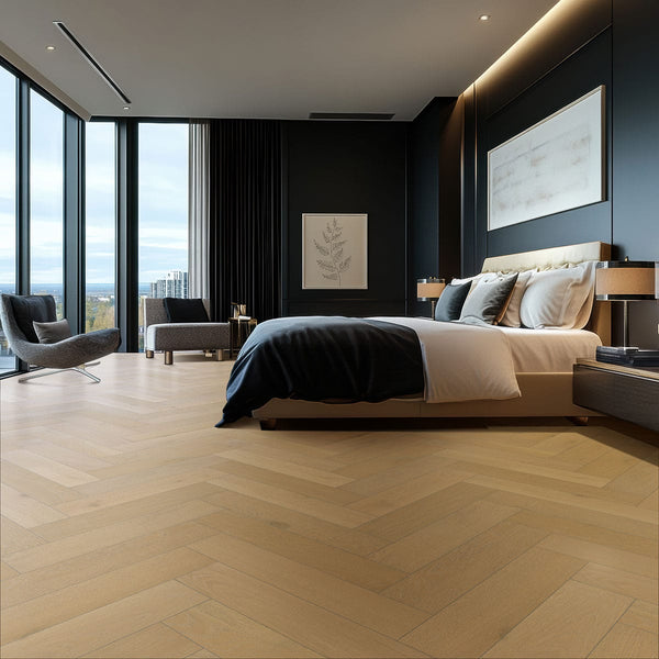 Mccarran Herringbone Whitlock Matte Wood Look Planks 5x24 in a finished room