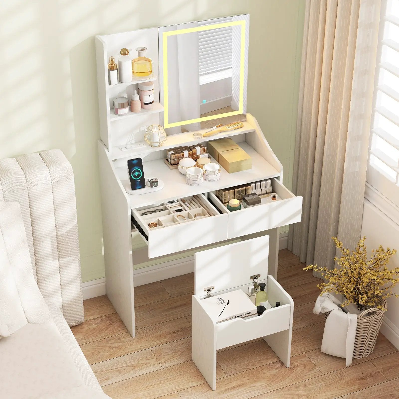 Vanity Desk LED Lighted Makeup Table with 3 Color Modes-White by DirectDeals
