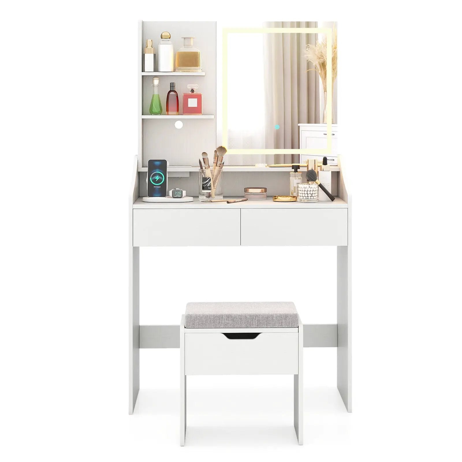 Vanity Desk LED Lighted Makeup Table with 3 Color Modes-White by DirectDeals