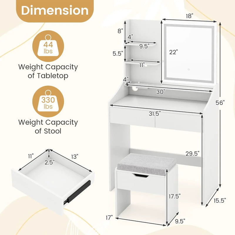 Vanity Desk LED Lighted Makeup Table with 3 Color Modes-White by DirectDeals