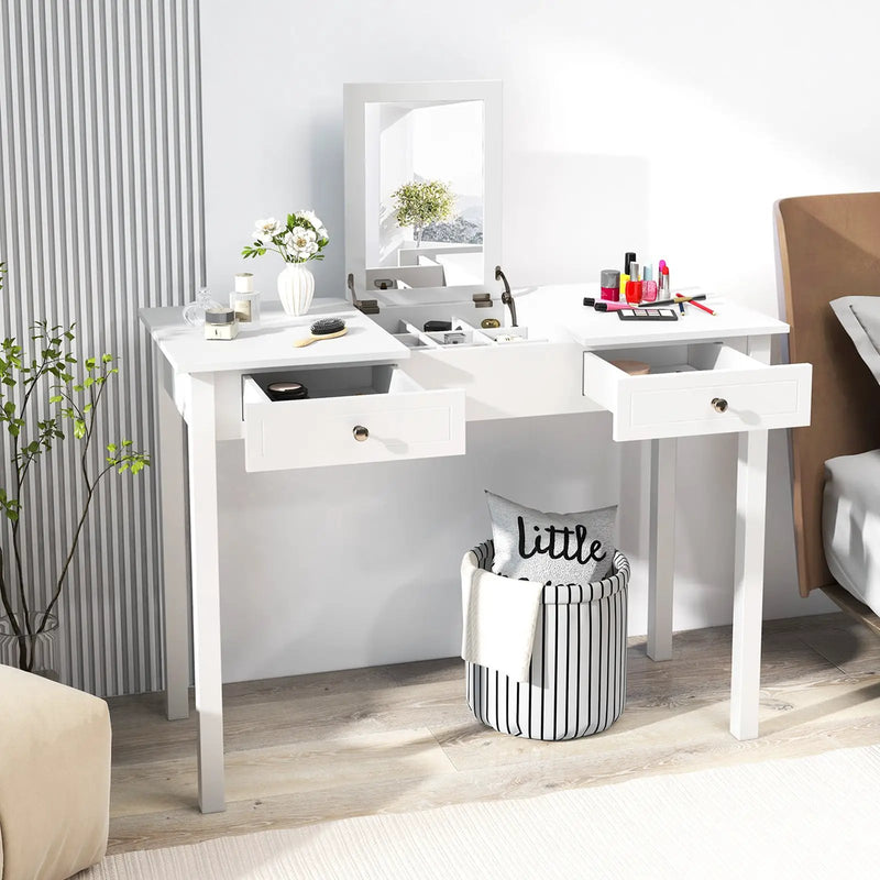 Vanity Desk Makeup Dressing Table with Flip Top Mirror and Drawers-White by DirectDeals