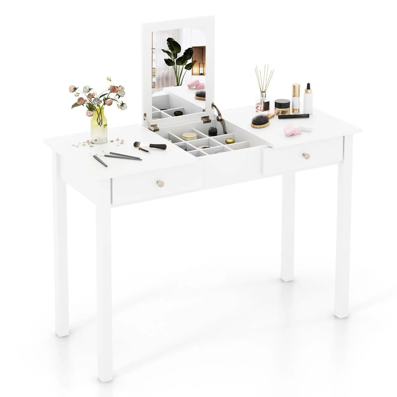 Vanity Desk Makeup Dressing Table with Flip Top Mirror and Drawers-White by DirectDeals