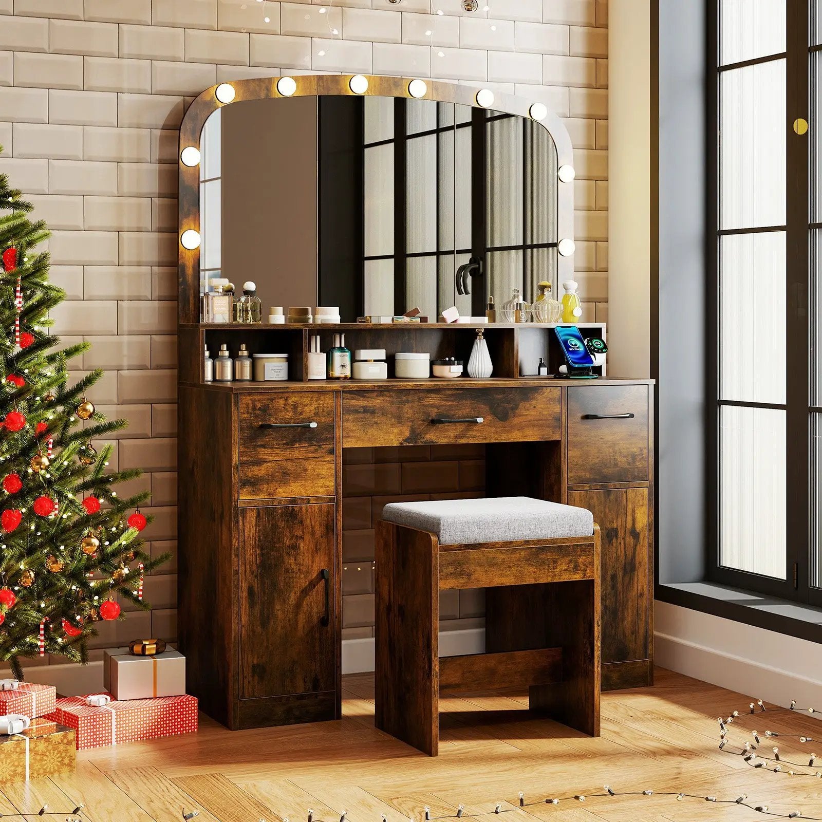 Vanity Desk Makeup Table with Stool 3-Color Lights and Charging Station by DirectDeals