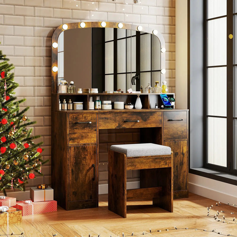 Vanity Desk Makeup Table with Stool 3-Color Lights and Charging Station by DirectDeals