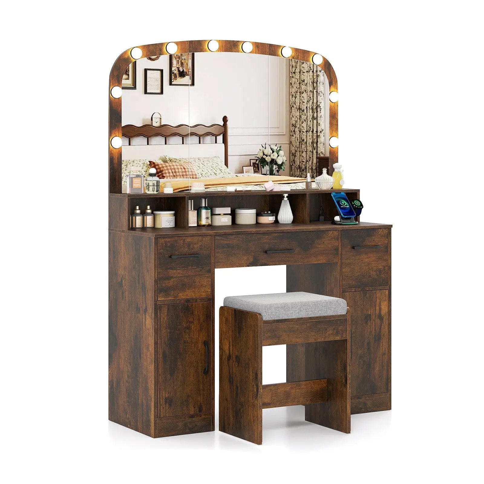 Vanity Desk Makeup Table with Stool 3-Color Lights and Charging Station by DirectDeals