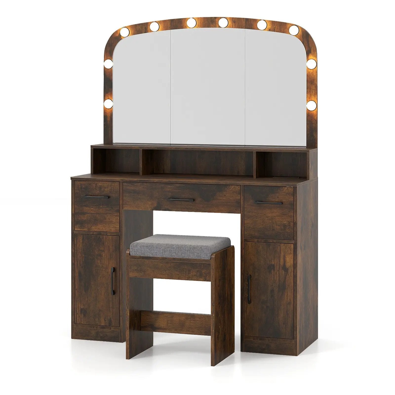 Vanity Desk Makeup Table with Stool 3-Color Lights and Charging Station by DirectDeals