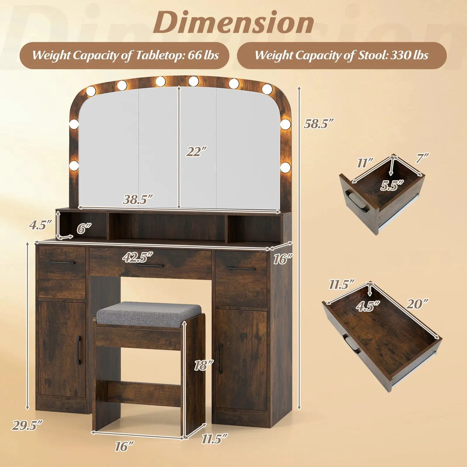 Vanity Desk Makeup Table with Stool 3-Color Lights and Charging Station by DirectDeals