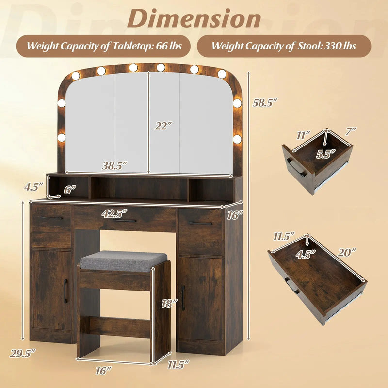 Vanity Desk Makeup Table with Stool 3-Color Lights and Charging Station by DirectDeals