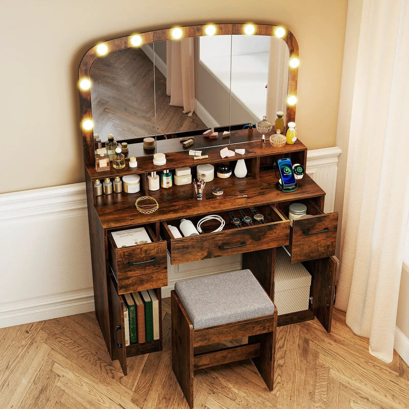 Vanity Desk Makeup Table with Stool 3-Color Lights and Charging Station by DirectDeals