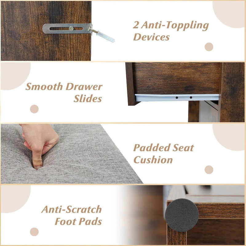 Vanity Desk Makeup Table with Stool 3-Color Lights and Charging Station by DirectDeals