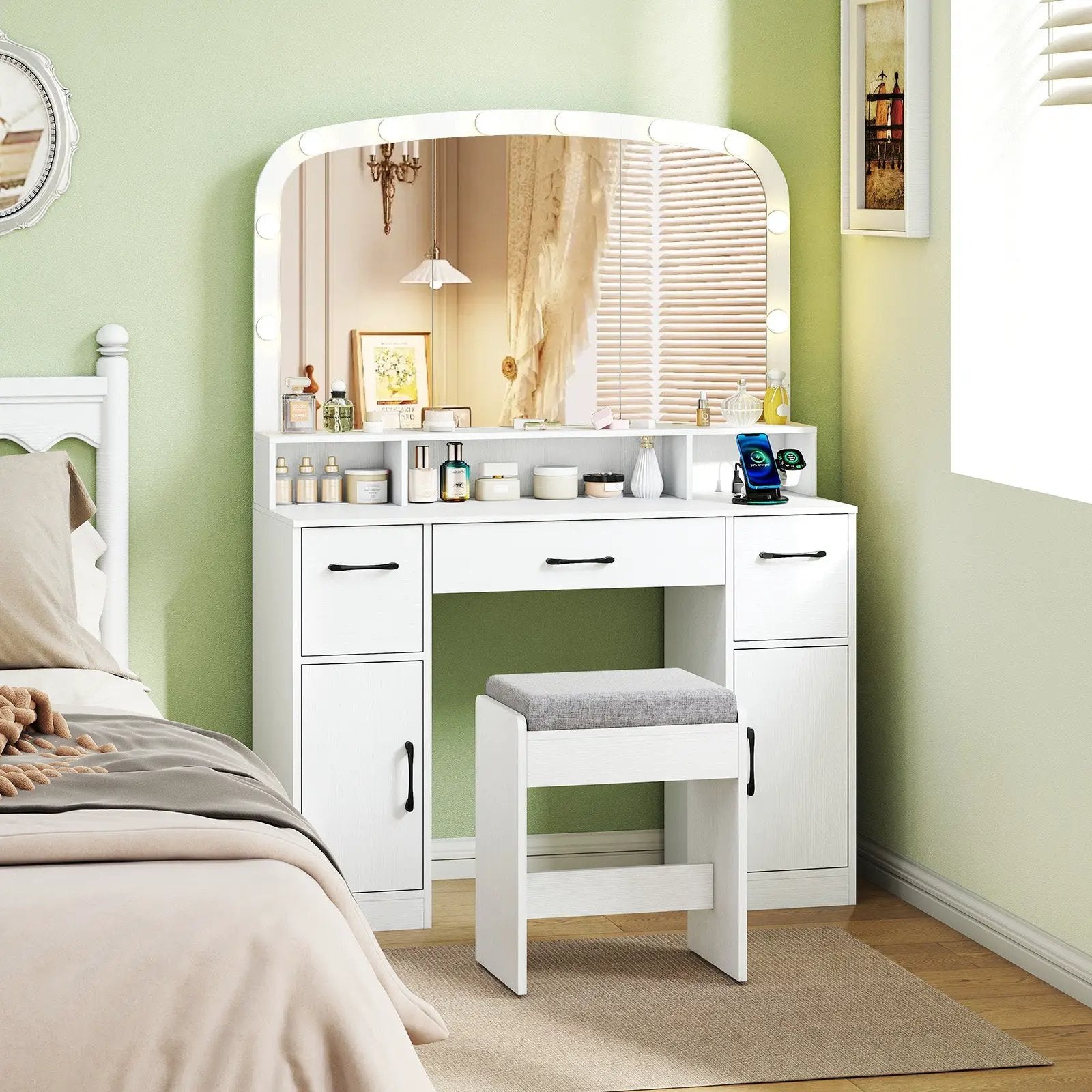 Vanity Desk Makeup Table with Stool 3-Color Lights and Charging Station by DirectDeals