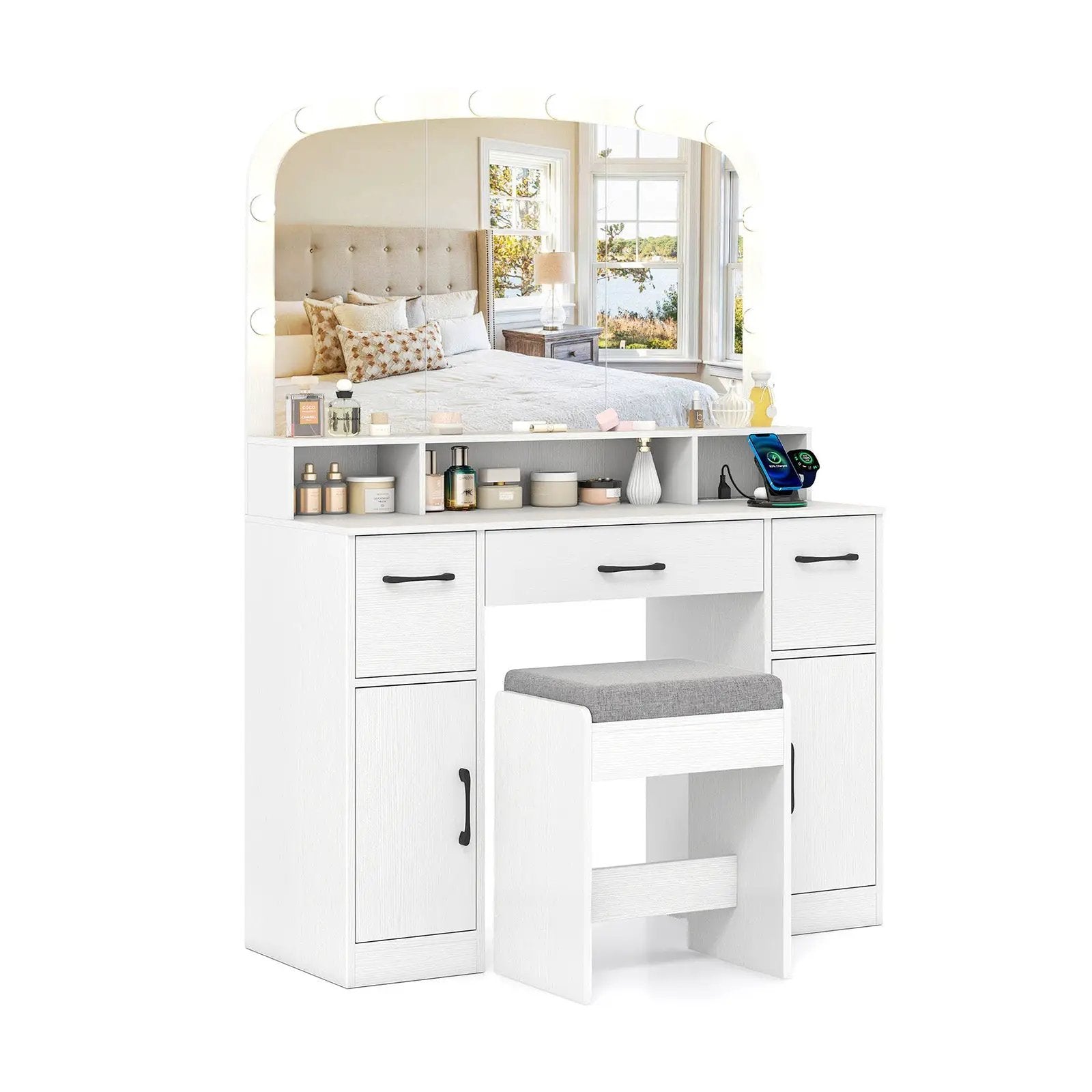 Vanity Desk Makeup Table with Stool 3-Color Lights and Charging Station by DirectDeals
