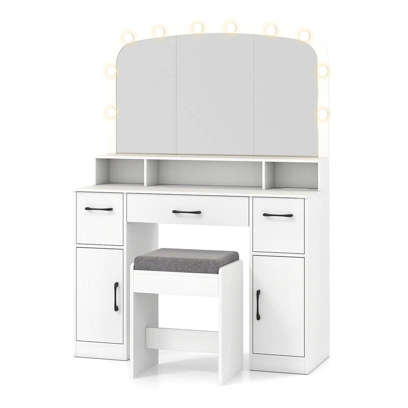 Vanity Desk Makeup Table with Stool 3-Color Lights and Charging Station by DirectDeals