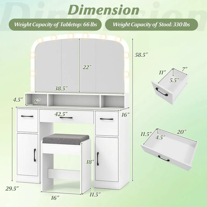 Vanity Desk Makeup Table with Stool 3-Color Lights and Charging Station by DirectDeals