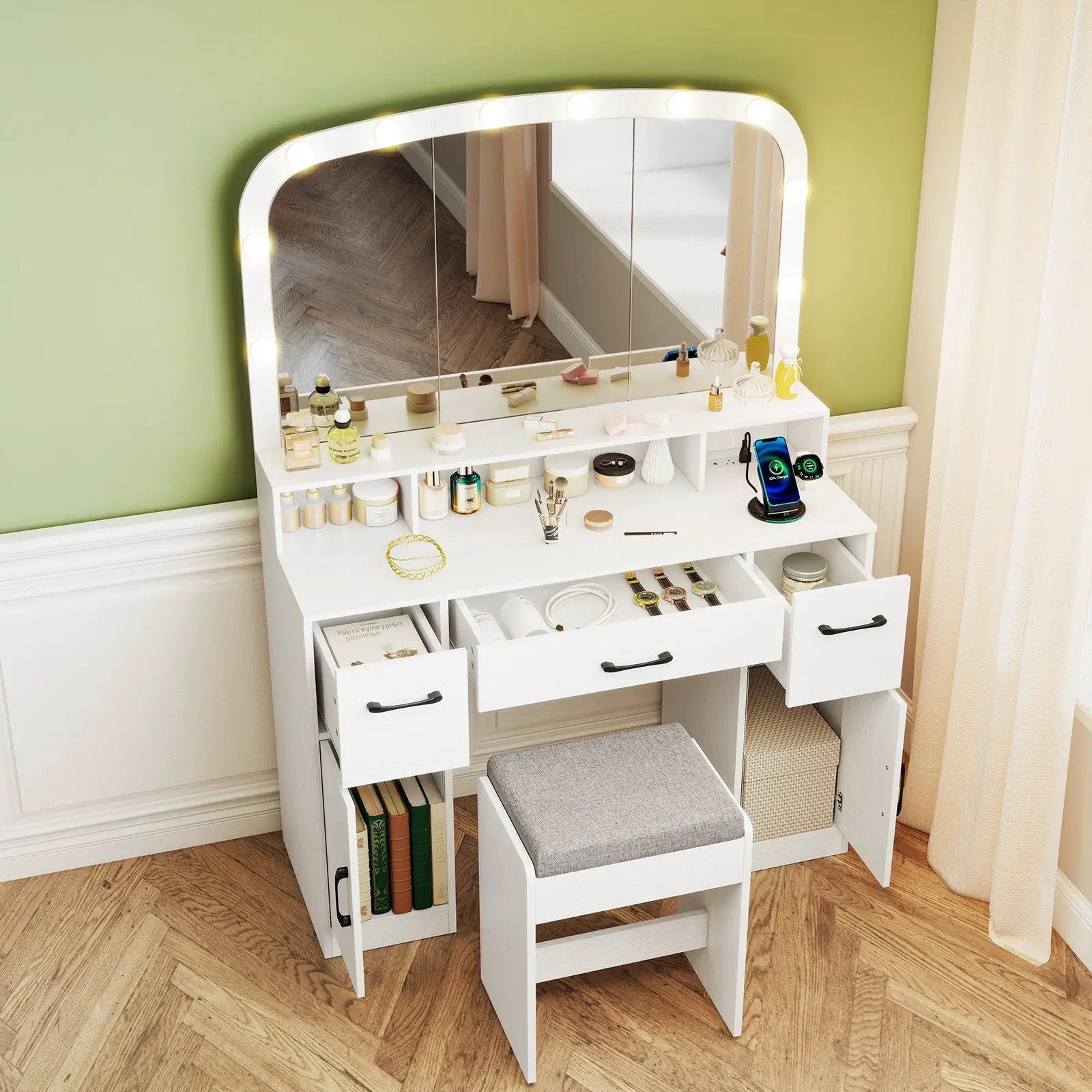 Vanity Desk Makeup Table with Stool 3-Color Lights and Charging Station by DirectDeals