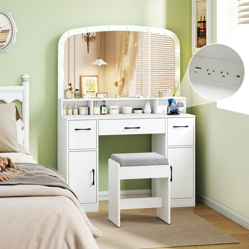 Vanity Desk Makeup Table with Stool 3-Color Lights and Charging Station by DirectDeals