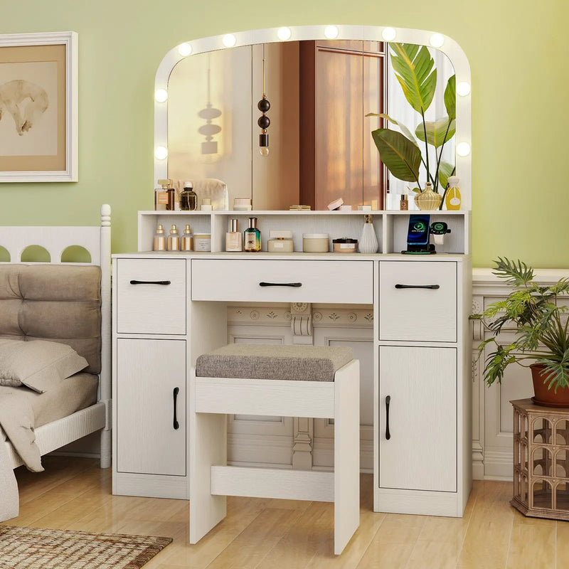 Vanity Desk Makeup Table with Stool 3-Color Lights and Charging Station by DirectDeals