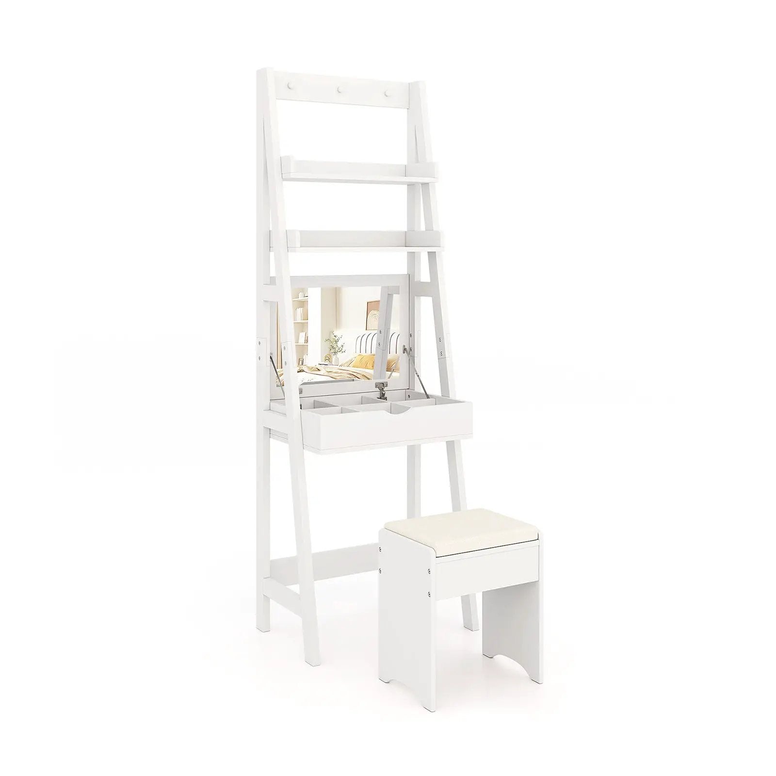 Vanity Desk Set with Flip Top Mirror Hidden Storage Compartments and Cushioned Stool-White by DirectDeals