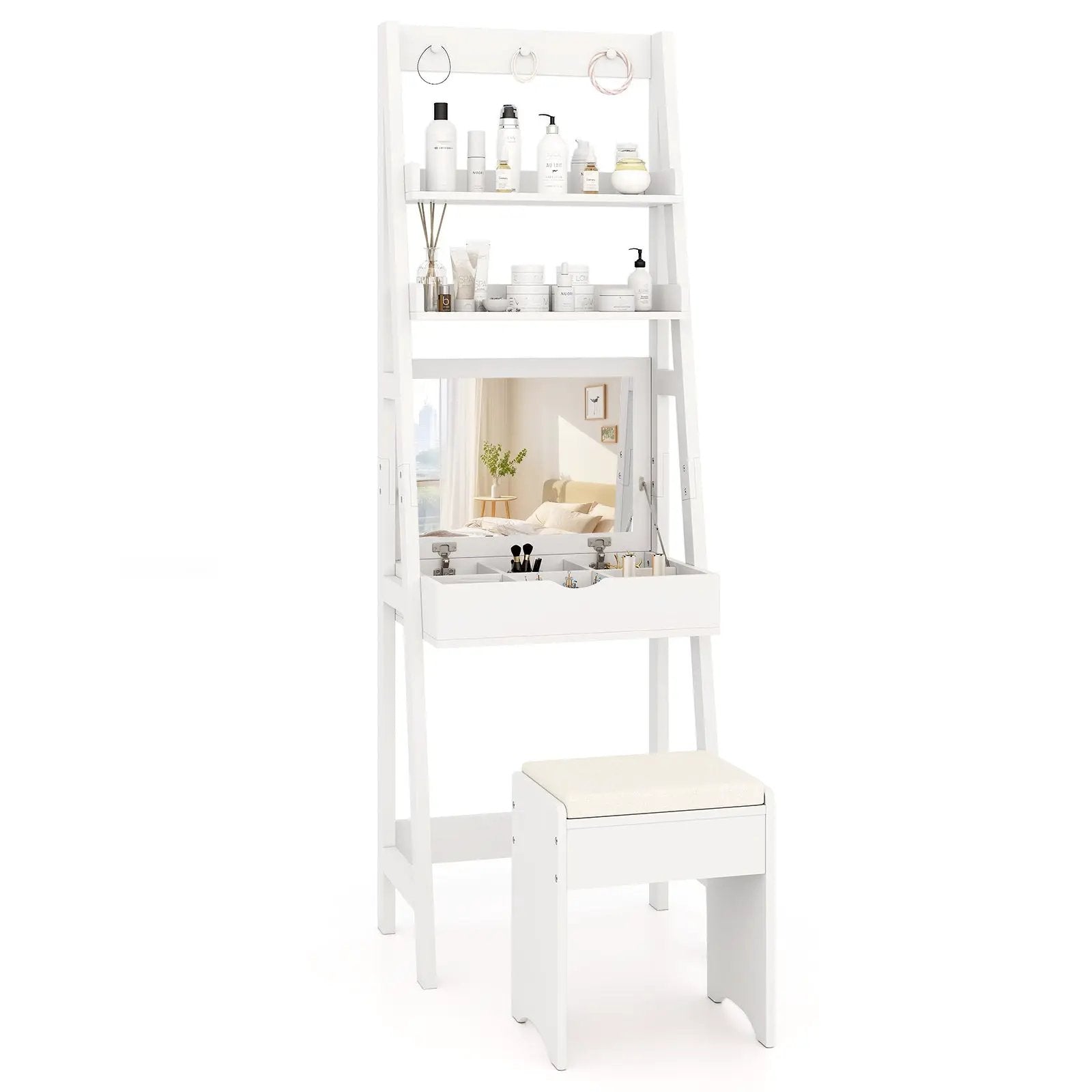Vanity Desk Set with Flip Top Mirror Hidden Storage Compartments and Cushioned Stool-White by DirectDeals