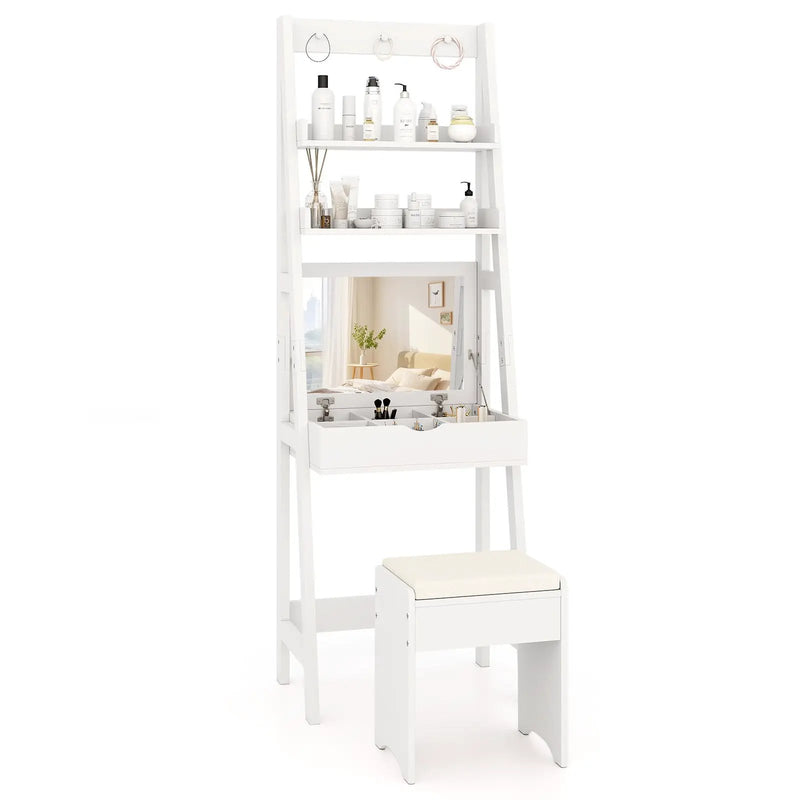 Vanity Desk Set with Flip Top Mirror Hidden Storage Compartments and Cushioned Stool-White by DirectDeals