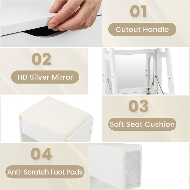 Vanity Desk Set with Flip Top Mirror Hidden Storage Compartments and Cushioned Stool-White by DirectDeals