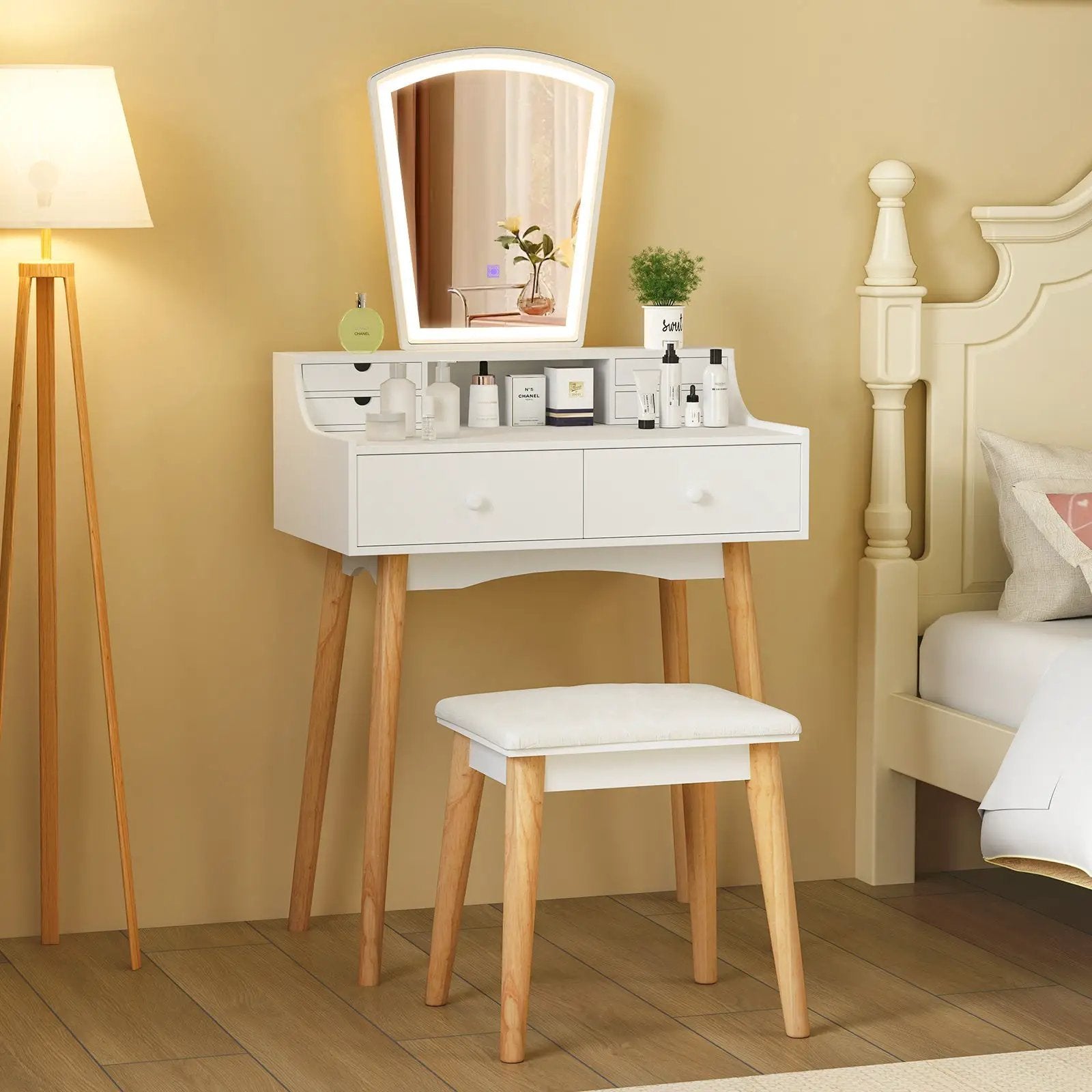 Vanity Desk Set with 3-Color Adjustable LED Lighted Mirror and Drawers-White by DirectDeals
