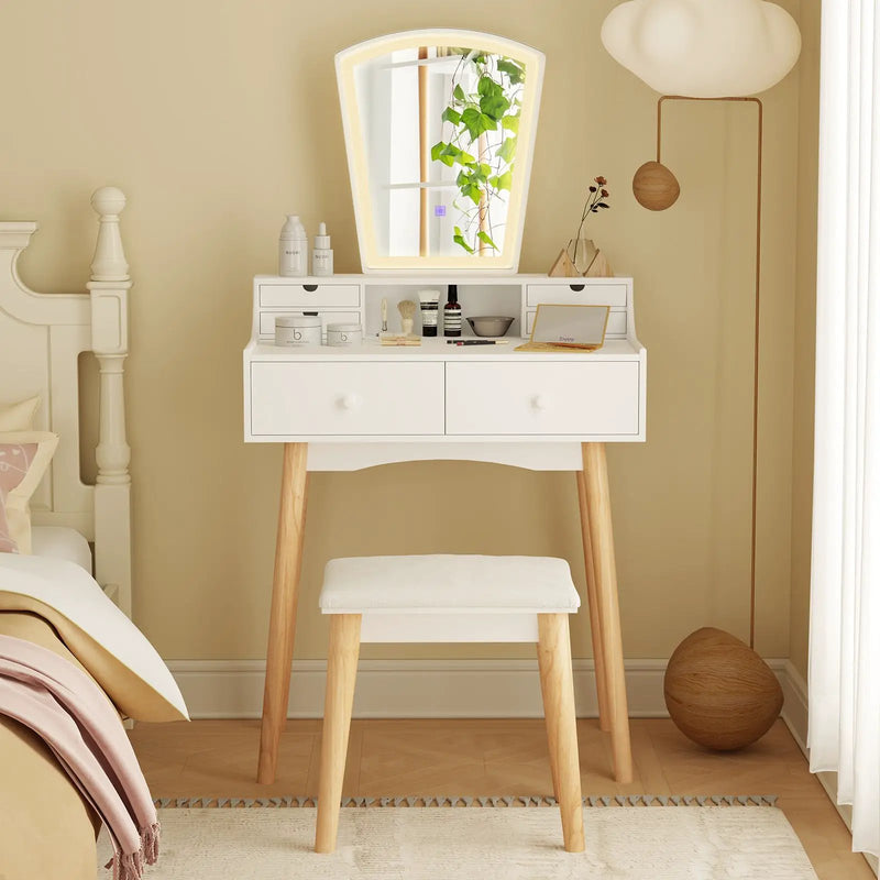 Vanity Desk Set with 3-Color Adjustable LED Lighted Mirror and Drawers-White by DirectDeals