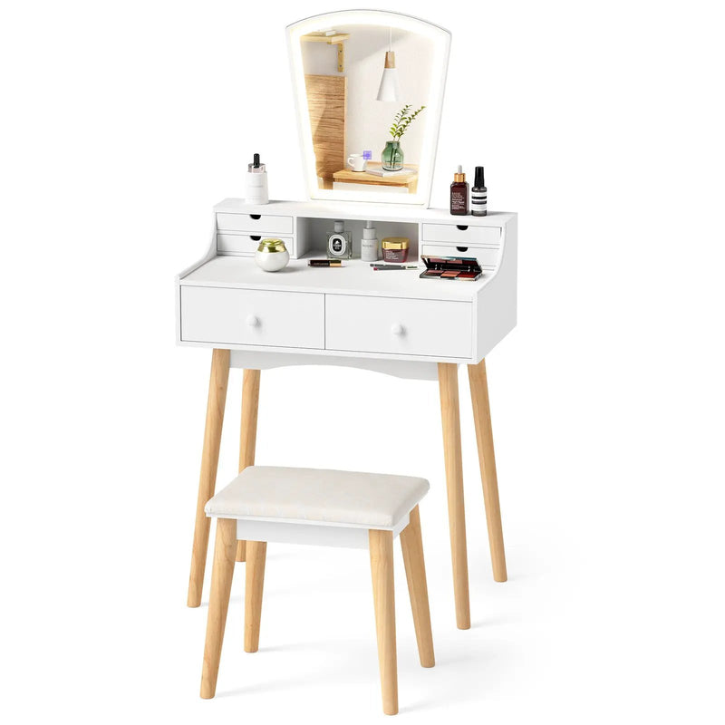 Vanity Desk Set with 3-Color Adjustable LED Lighted Mirror and Drawers-White by DirectDeals
