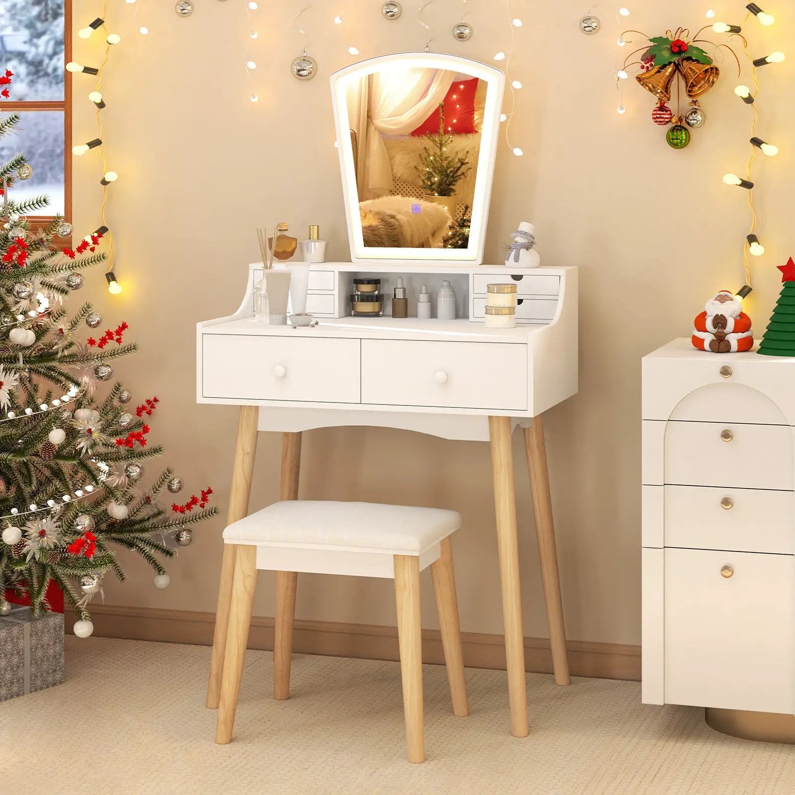 Vanity Desk Set with 3-Color Adjustable LED Lighted Mirror and Drawers-White by DirectDeals