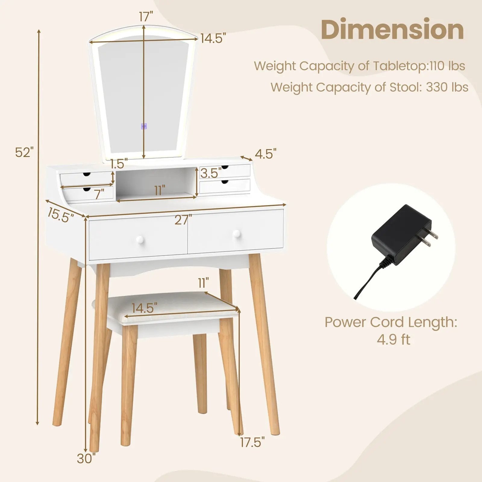 Vanity Desk Set with 3-Color Adjustable LED Lighted Mirror and Drawers-White by DirectDeals