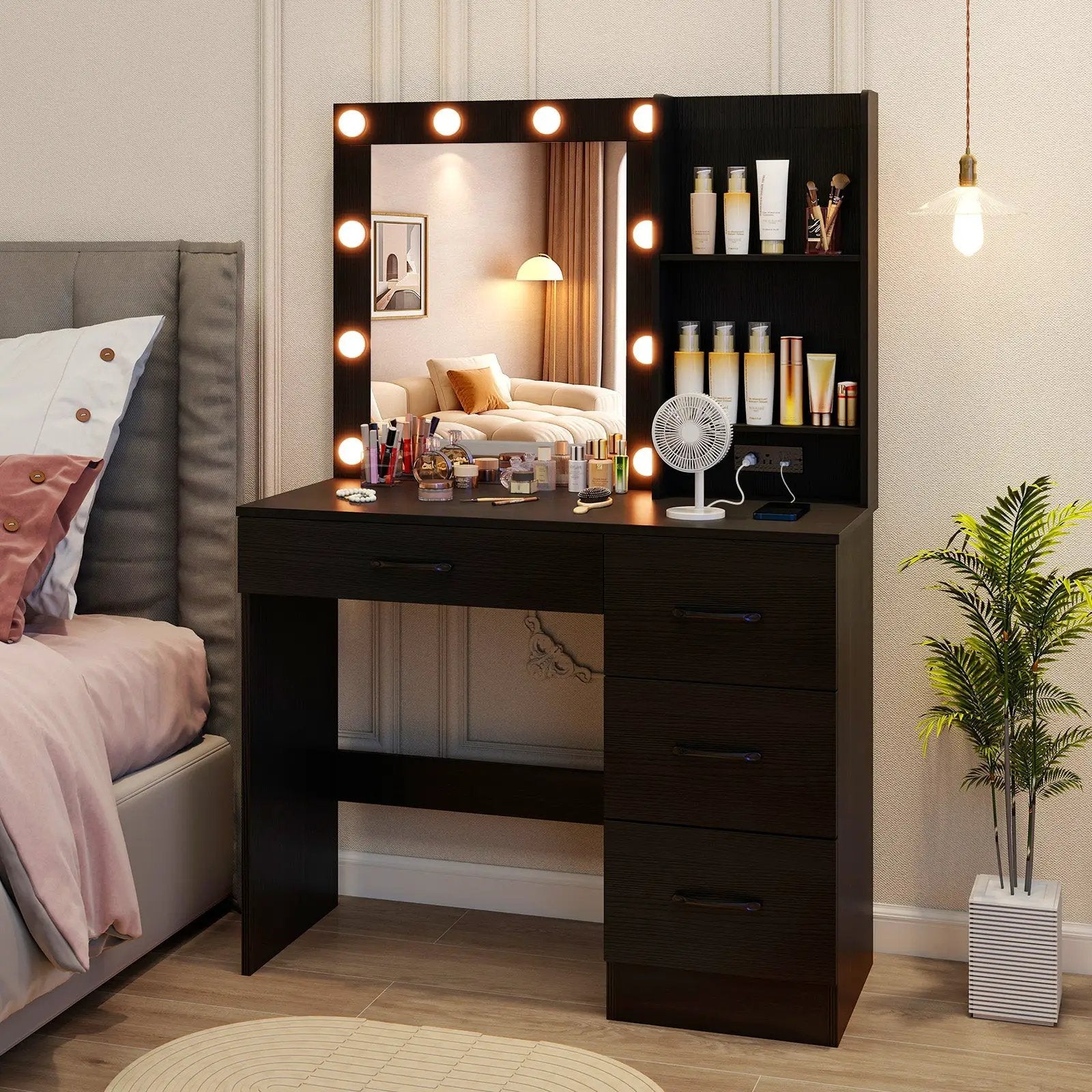 Vanity Desk with 3-Color Lights and Power Outlets by DirectDeals