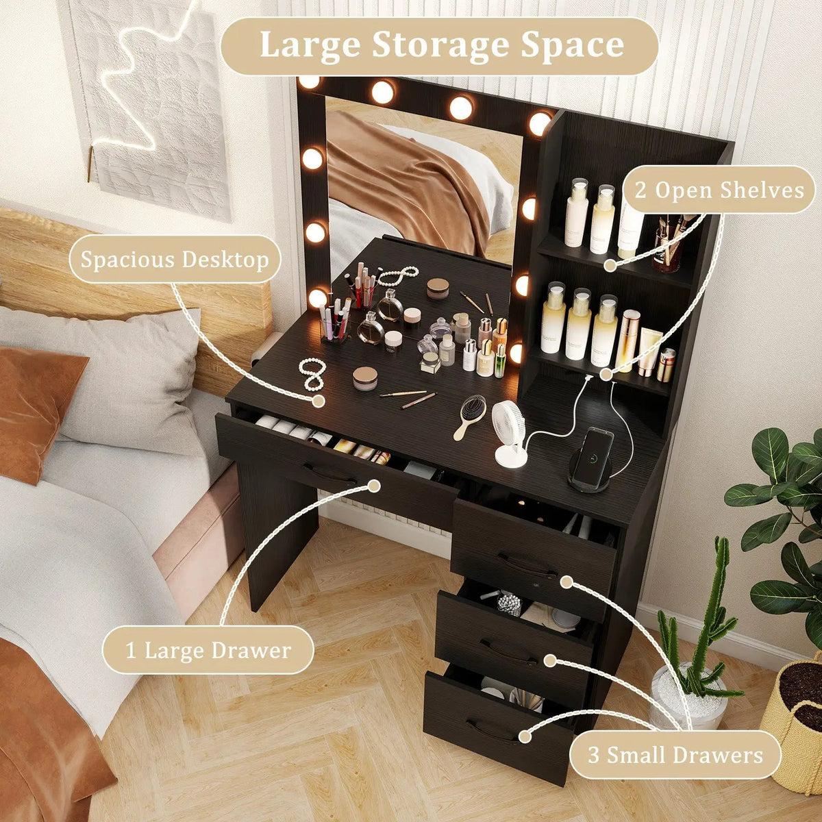 Vanity Desk with 3-Color Lights and Power Outlets by DirectDeals