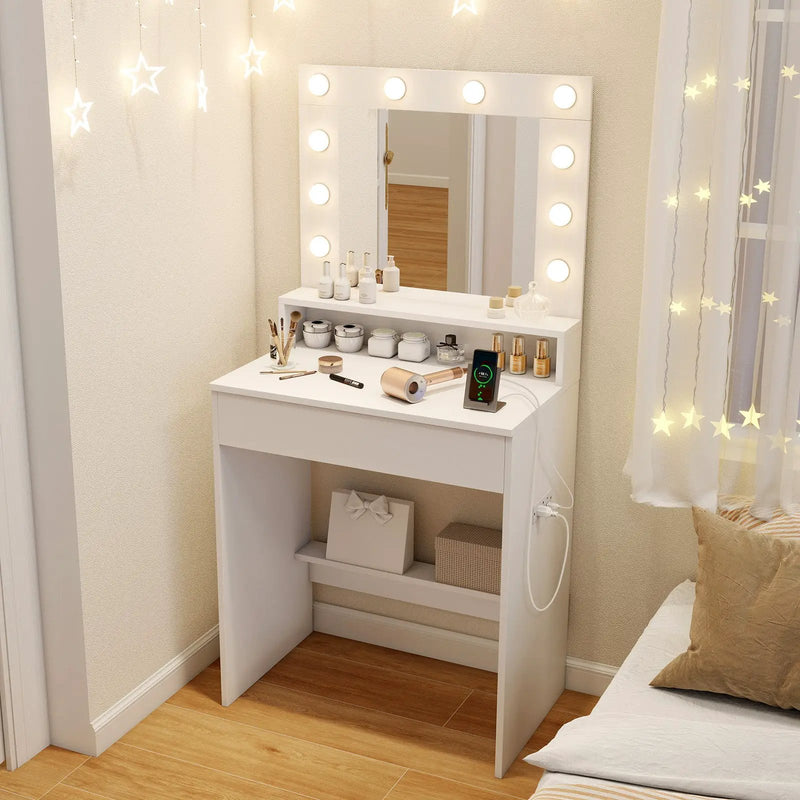 Vanity Desk with Adjustable Brightness and 3 Light Modes for Bedroom-White by DirectDeals