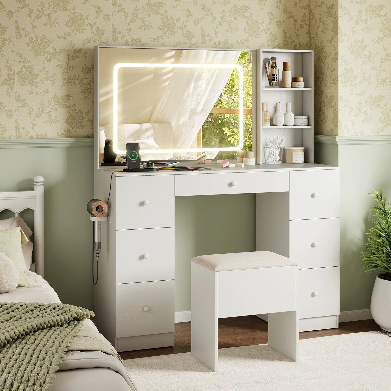 Vanity Desk with Mirror and Lights Makeup Dressing Table Vanity Table and Stool Set-White by DirectDeals