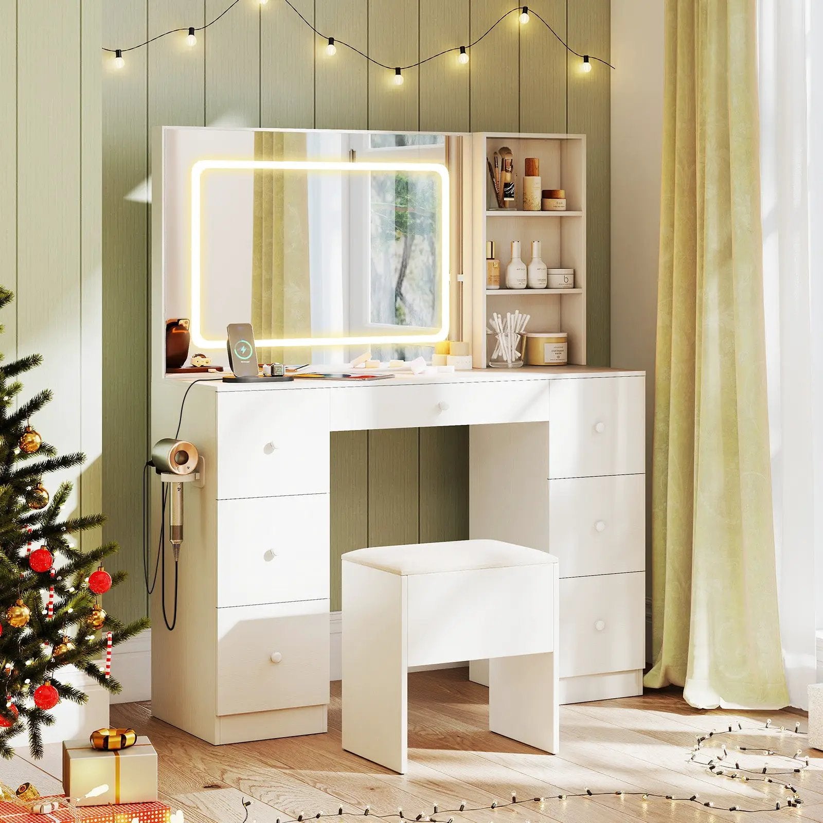 Vanity Desk with Mirror and Lights Makeup Dressing Table Vanity Table and Stool Set-White by DirectDeals