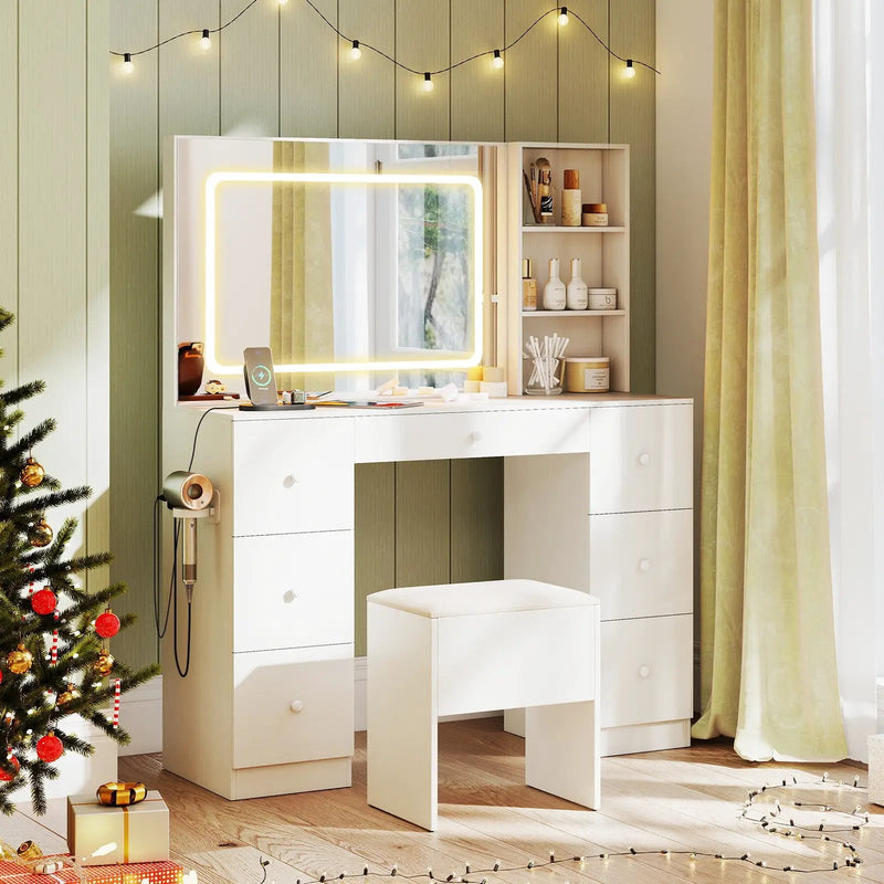 Vanity Desk with Mirror and Lights Makeup Dressing Table Vanity Table and Stool Set-White by DirectDeals