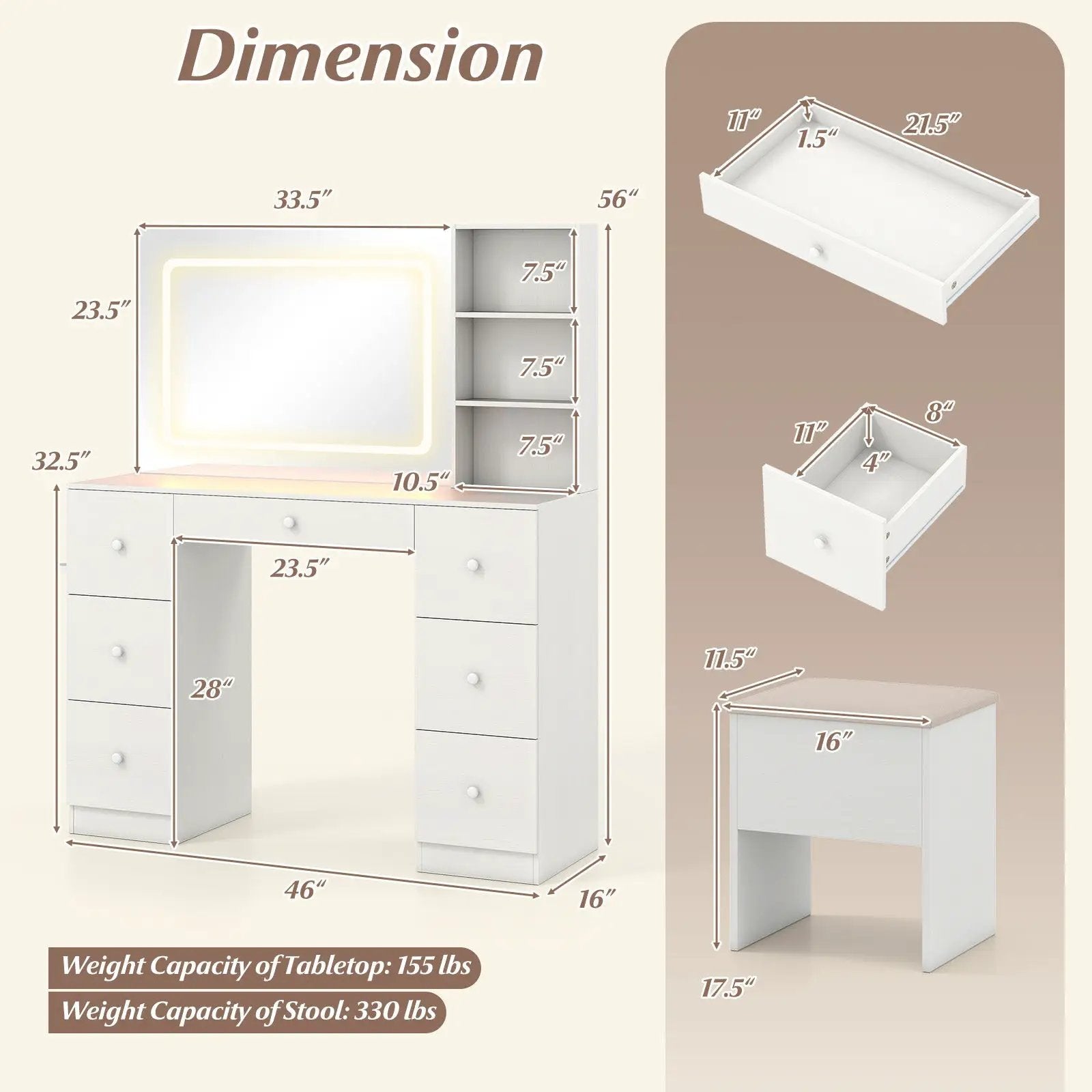 Vanity Desk with Mirror and Lights Makeup Dressing Table Vanity Table and Stool Set-White by DirectDeals