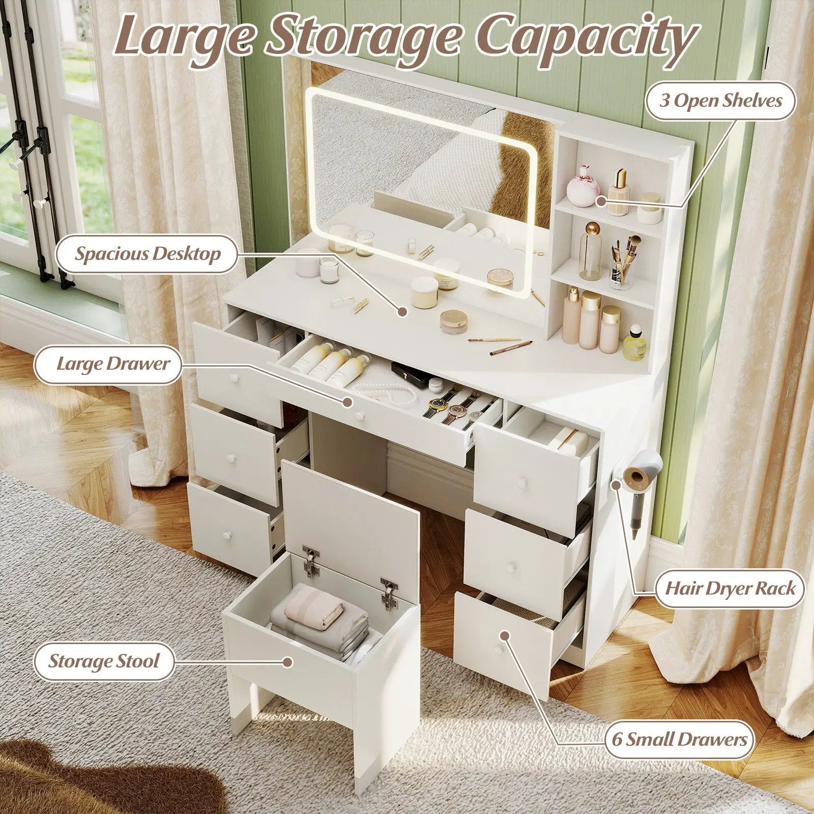 Vanity Desk with Mirror and Lights Makeup Dressing Table Vanity Table and Stool Set-White by DirectDeals