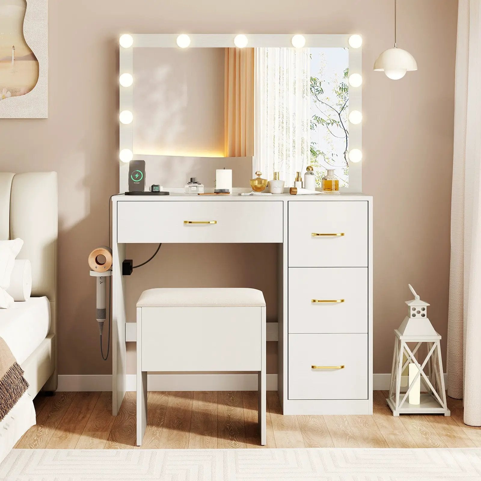 Vanity Desk with Mirror and Lights Makeup Dressing Table with Power Outlets-White by DirectDeals